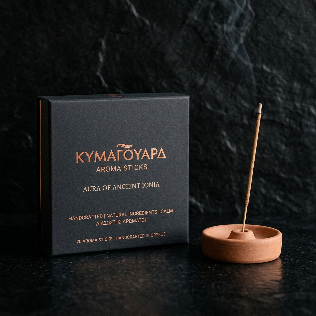 KymaGuard Aroma Sticks συσκευασία και κεραμική βάση σε πέτρινο τραπέζι